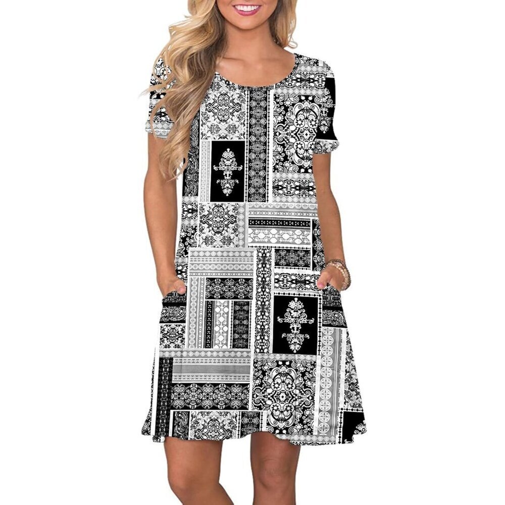 🆕 Women Black Summer Casual T Shirt Short Sleeve Pockets Neckline Swing Dress